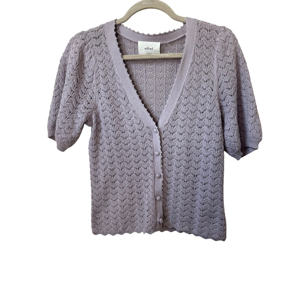 Wilfred Aritzia Lilac Pointelle Knit Short Sleeve Cardigan Sweater Purple Small